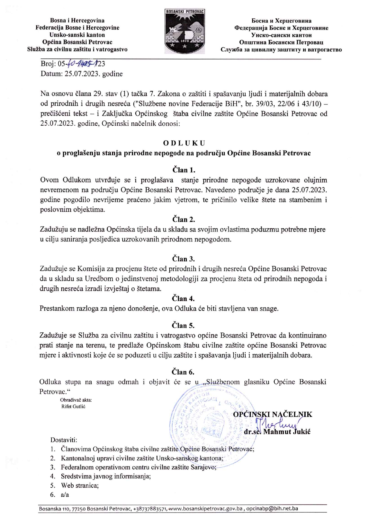 Odluka o proglašenju stanja prirodne nepogode page 0001